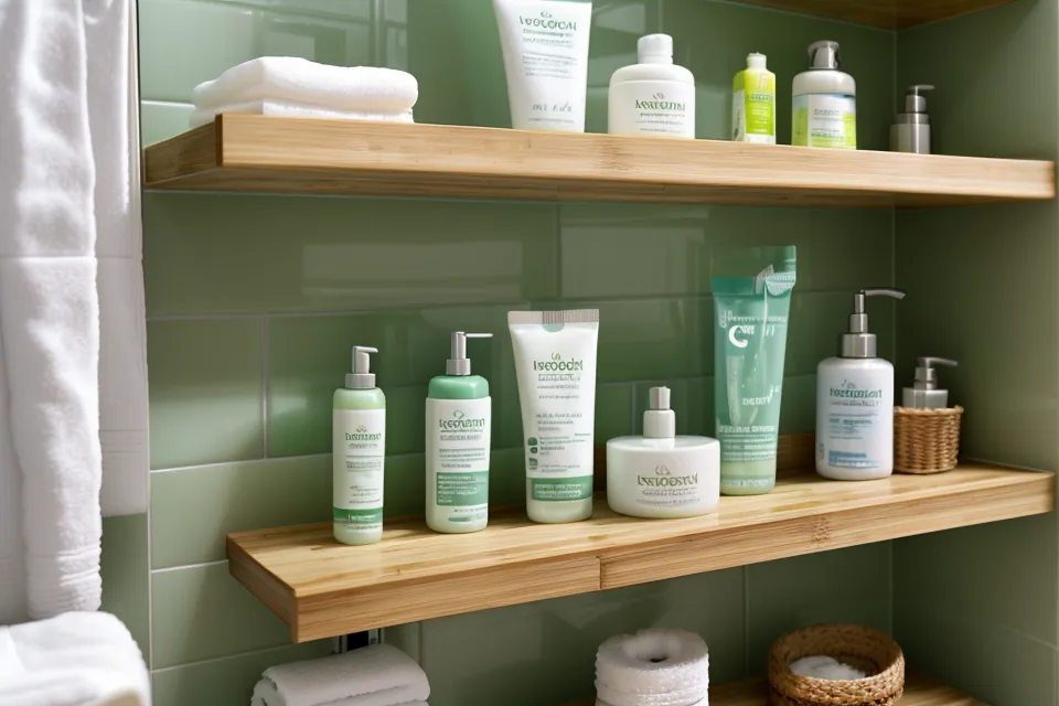 Close-up of oral care probiotics and a toothbrush on a bathroom shelf.