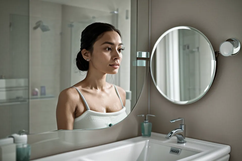 Woman checking her teeth in the mirror, feeling calmer about her dental anxiety routine