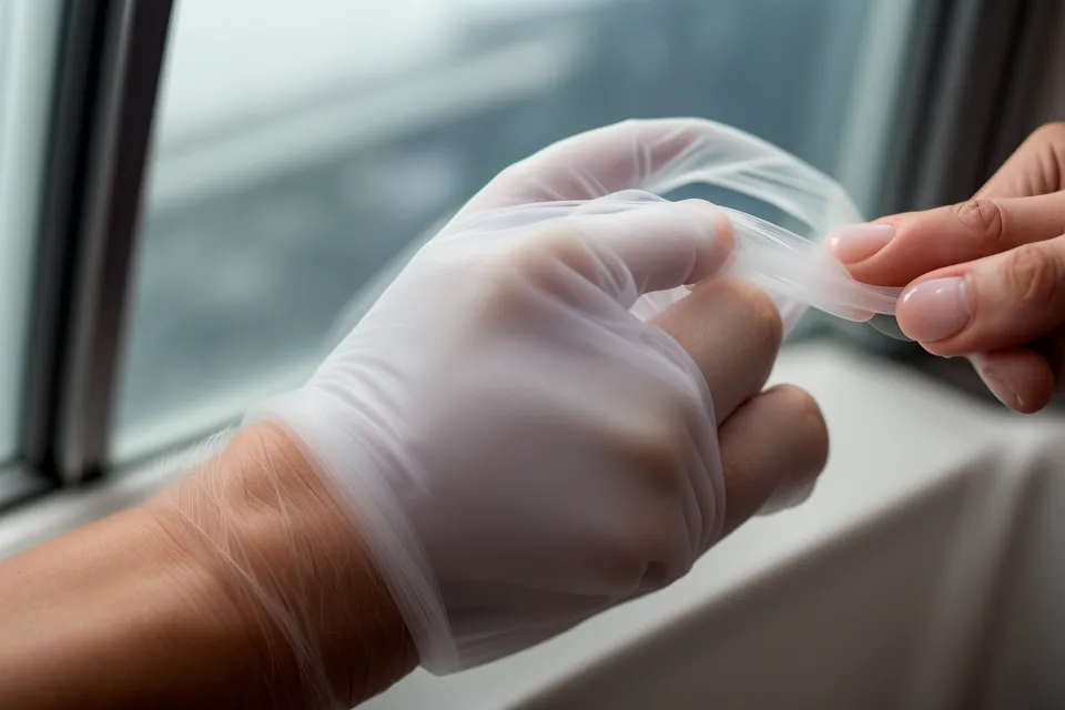 A hand testing the flexible tip of a nylon floss threader before flossing under a bridge
