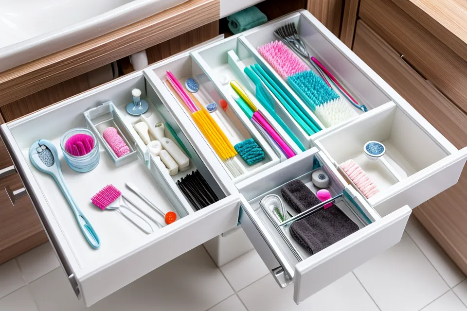 An organized drawer of floss threaders and oral care tools for managing dental anxiety at home