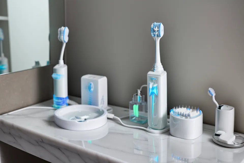 An electric toothbrush on a bathroom vanity during a calm nighttime oral care routine