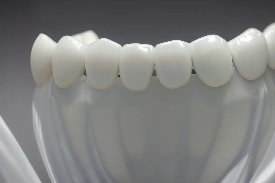 Close-up of calcium buildup clouding a clear aligner retainer, the natural-cleaning problem this routine solves