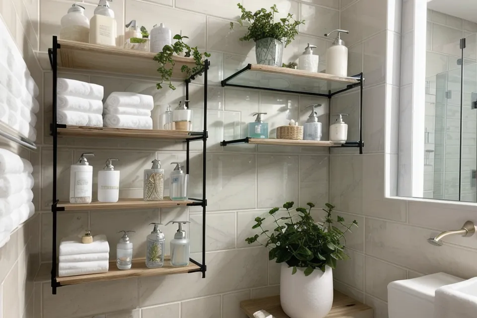 a bottle of ProDentim oral probiotic on a bathroom shelf next to a small plant, part of an at-home dental anxiety routine