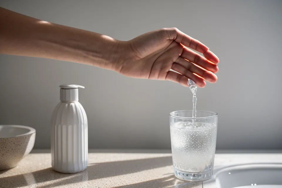 Hand reaching for ProDentim bottle on a sunny bathroom counter