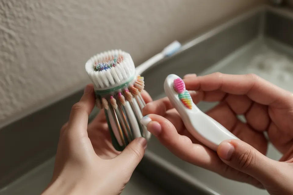 Soft-bristled toothbrush used for gentle gum health care, a key step in treating receding gums at home
