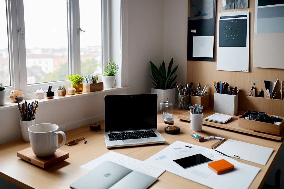 A freelance designer's desk with coffee and a bottle of oral probiotics 2026 for gum health at home