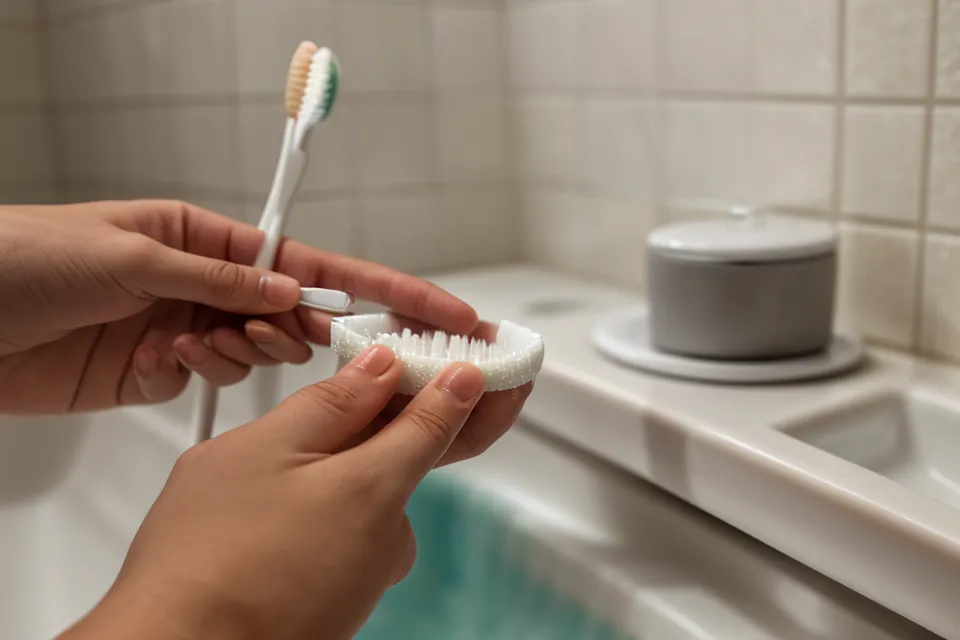 Holding a soft-bristled toothbrush and probiotic tablet, part of an avoiding-the-dentist home routine