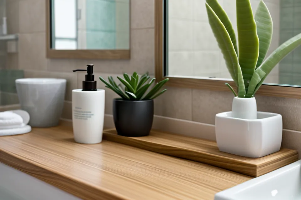 A bathroom counter with natural oral care products and a plant.