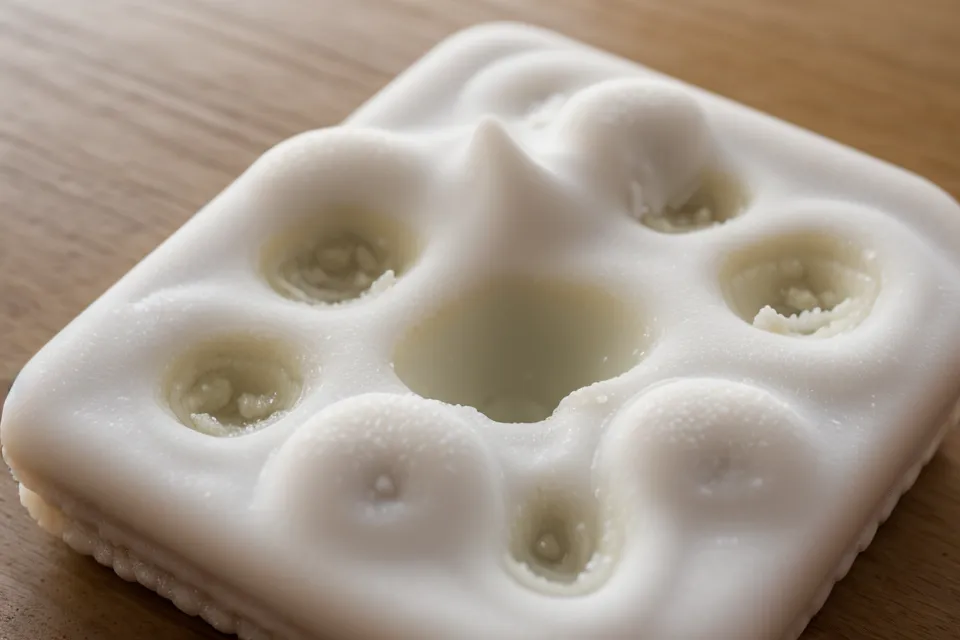 A close-up of a white oral probiotic tablet on wood.