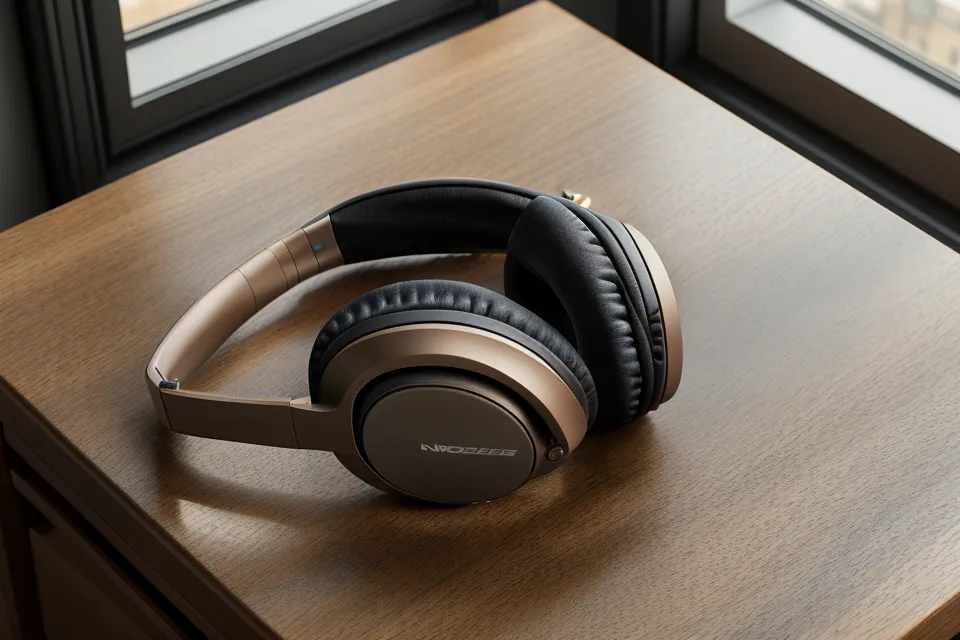 Noise-canceling headphones next to dental care items on a table.