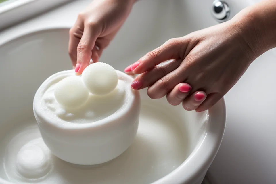 Holding a ProDentim oral probiotic tablet as part of a preventative at-home dental care routine