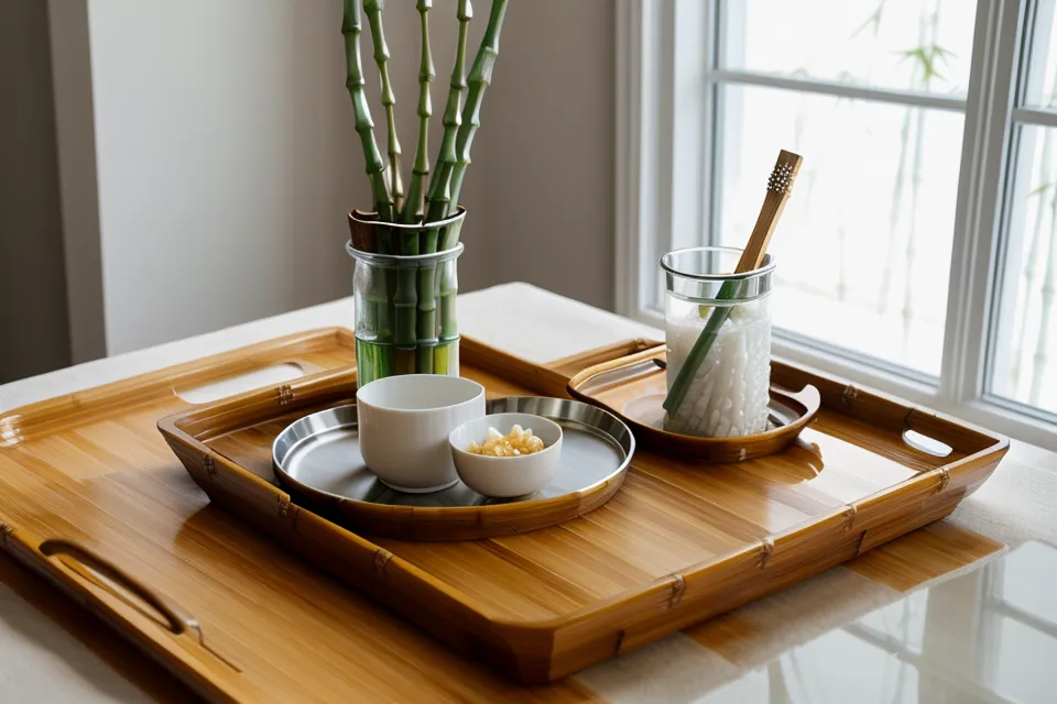 Collection of at-home oral care tools on a bamboo tray including a water flosser for a dental anxiety routine