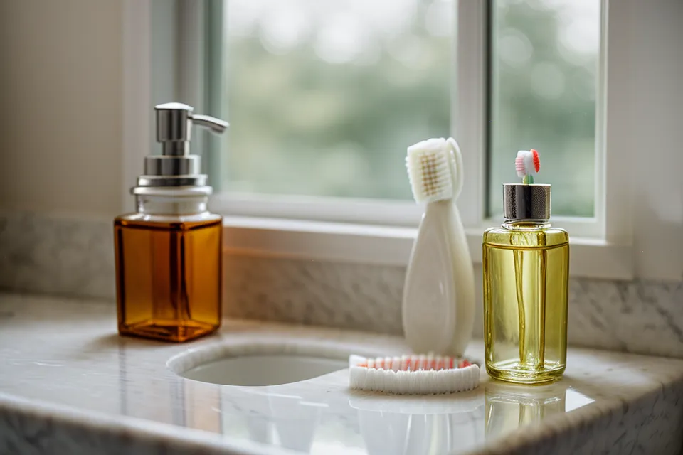 Manual toothbrush beside peppermint oil, the scrub-harder habit that didn't actually improve gum health